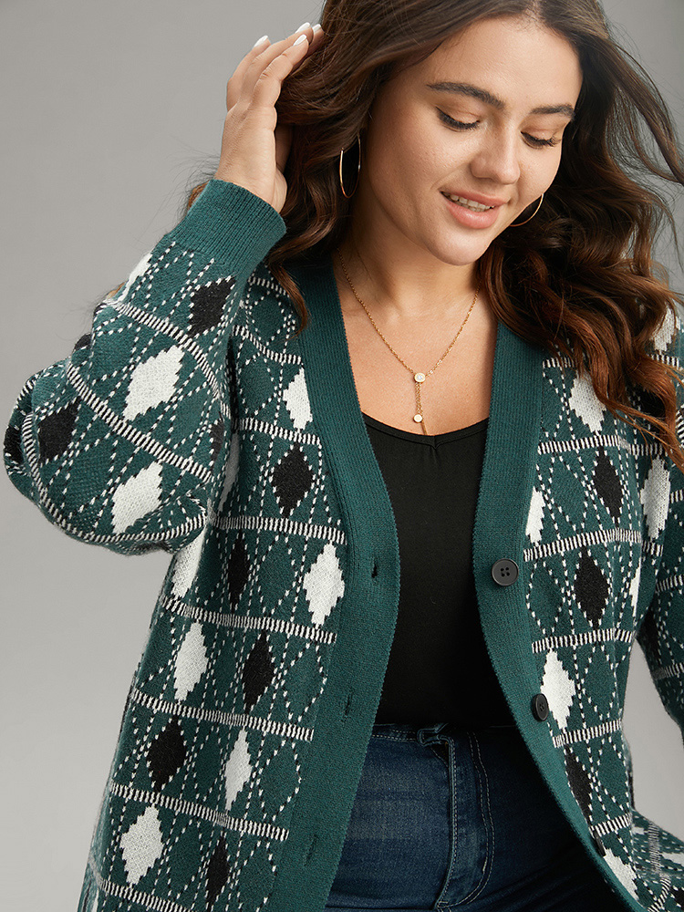 

Plus Size Supersoft Essentials Christmas Contrast Geometric Cardigan DarkGreen Women Casual Loose Long Sleeve Festival-Christmas Cardigans BloomChic