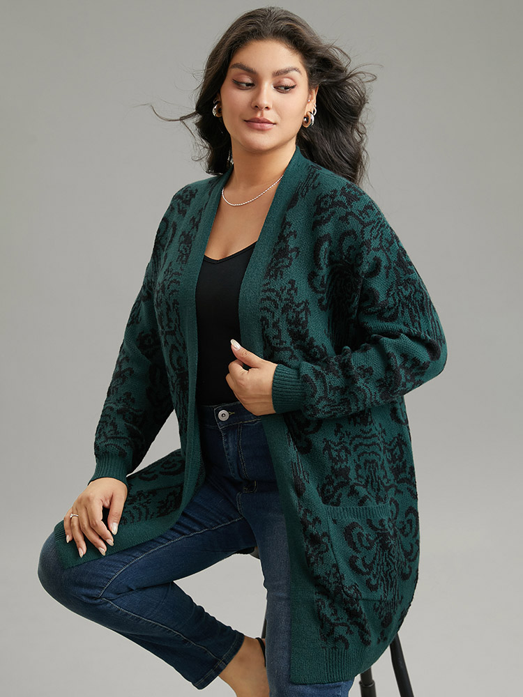 Plus Size Supersoft Essentials Floral Pocket Contrast Cardigan DarkGreen Women Casual Loose Long Sleeve Dailywear Cardigans BloomChic 22-24/3X 