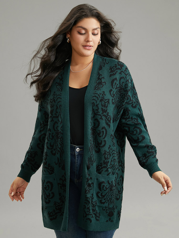 

Plus Size Supersoft Essentials Floral Pocket Contrast Cardigan DarkGreen Women Casual Loose Long Sleeve Dailywear Cardigans BloomChic