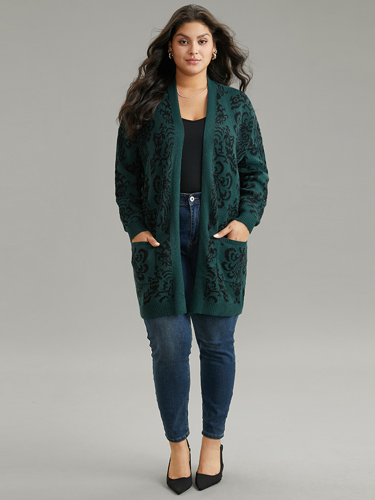Plus Size Supersoft Essentials Floral Pocket Contrast Cardigan DarkGreen Women Casual Loose Long Sleeve Dailywear Cardigans BloomChic 22-24/3X 