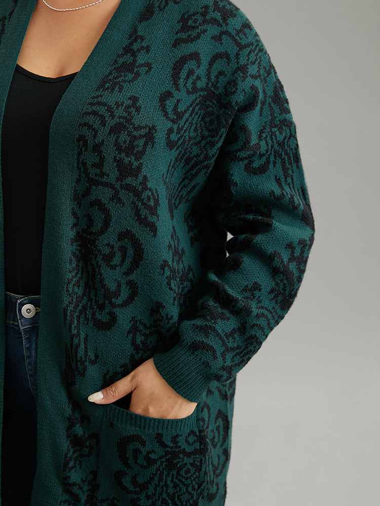 Plus Size Supersoft Essentials Floral Pocket Contrast Cardigan DarkGreen Women Casual Loose Long Sleeve Dailywear Cardigans BloomChic 22-24/3X 
