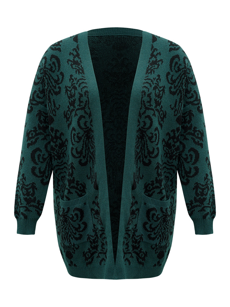 Plus Size Supersoft Essentials Floral Pocket Contrast Cardigan DarkGreen Women Casual Loose Long Sleeve Dailywear Cardigans BloomChic 22-24/3X 