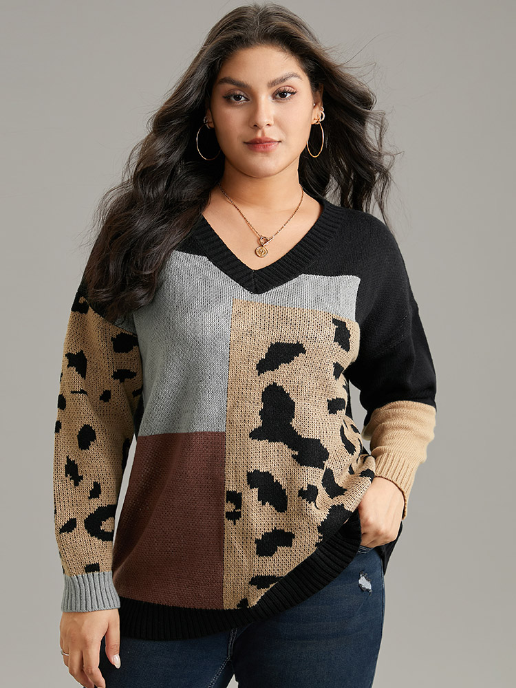 

Plus Size Leopard Colorblock Contrast Pullover Black Women Casual Loose Long Sleeve V-neck Everyday Pullovers BloomChic