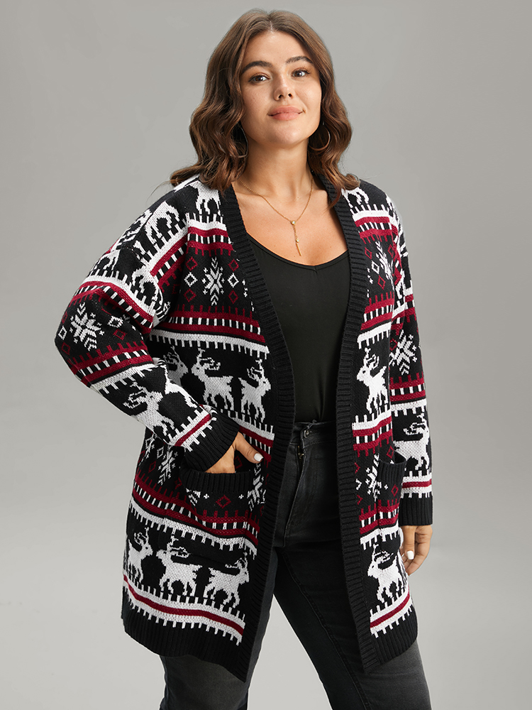 

Plus Size Christmas Elk Open Front Pocket Cardigan Black Women Casual Loose Long Sleeve Festival-Christmas Cardigans BloomChic