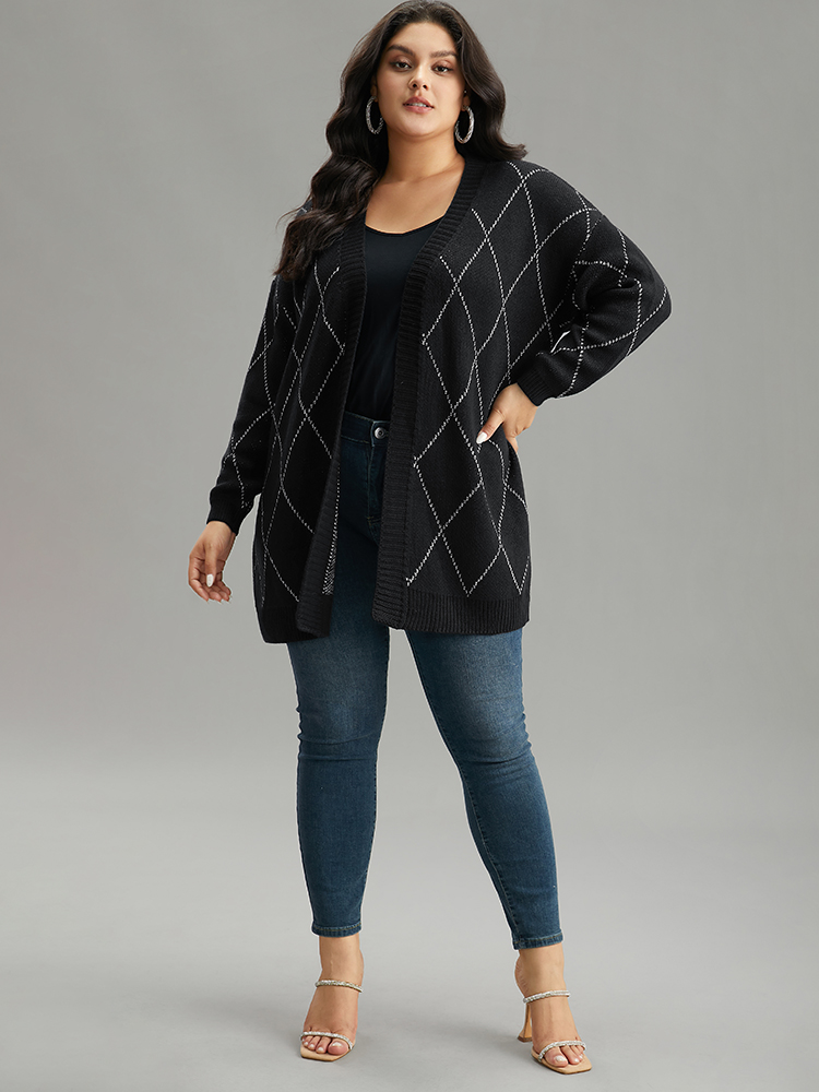 

Plus Size Sparkly Plaid Open Front Cardigan Black Women Casual Loose Long Sleeve Dailywear Cardigans BloomChic
