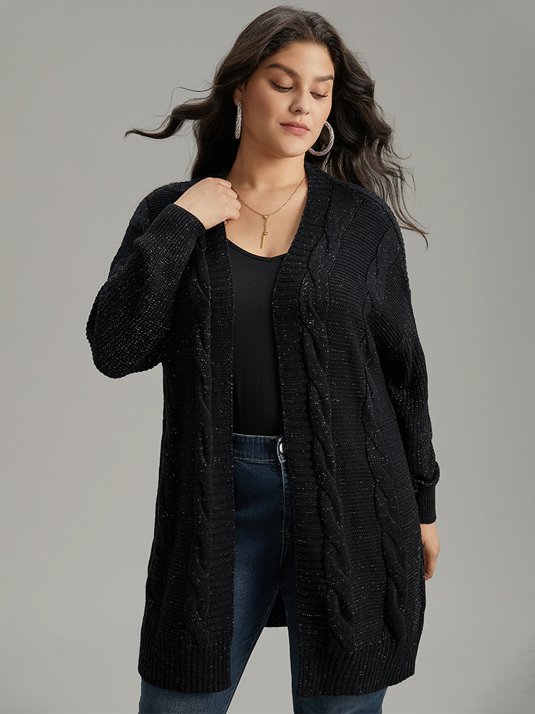 

Plus Size Lurex Cable Knit Drop Shoulder Cardigan Black Women Casual Loose Long Sleeve Dailywear Cardigans BloomChic