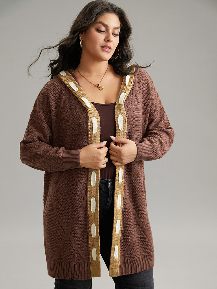 

Plus Size Contrast Hooded Tunic Open Front Cardigan DarkBrown Women Casual Loose Long Sleeve Dailywear Cardigans BloomChic