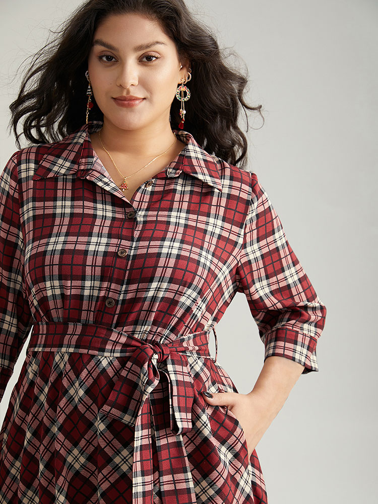 

Plus Size Christmas Plaid Shirt Collar Button Up Belted Dress Burgundy Women Office Belted Shirt collar Elbow-length sleeve Curvy Midi Dress BloomChic