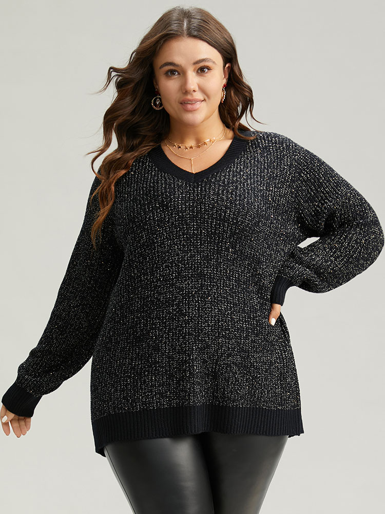 

Plus Size Sparkly Elastic Cuffs Loose Pullover Black Women Casual Loose Long Sleeve V-neck Dailywear Pullovers BloomChic