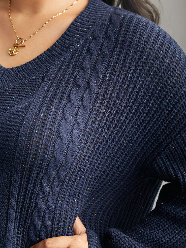 

Plus Size Cable Knit Lurex V Neck Pullover Indigo Women Casual Loose Long Sleeve V-neck Dailywear Pullovers BloomChic
