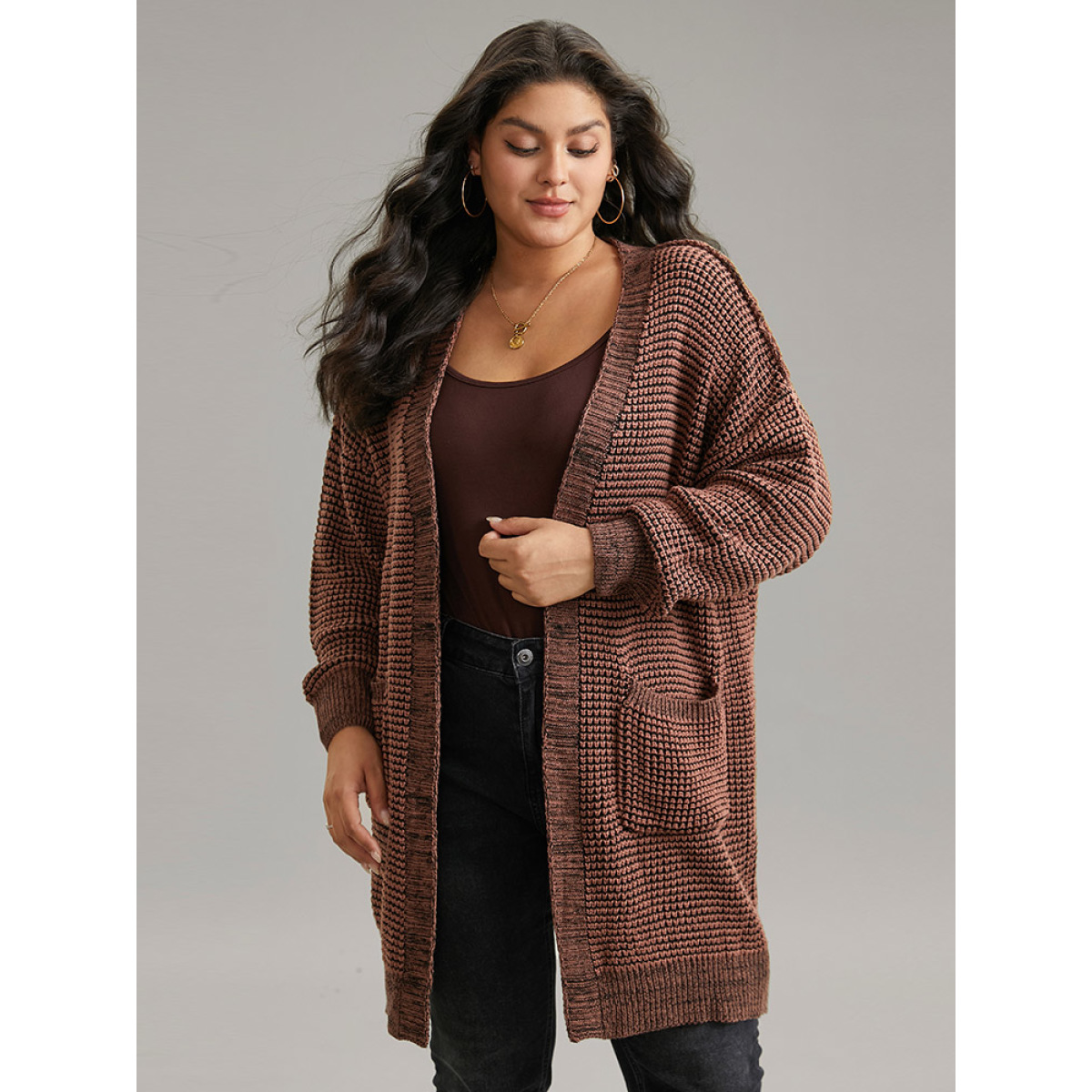 

Plus Size Plisse Plain Patched Pocket Tunic Cardigan DarkBrown Women Casual Loose Long Sleeve Dailywear Cardigans BloomChic