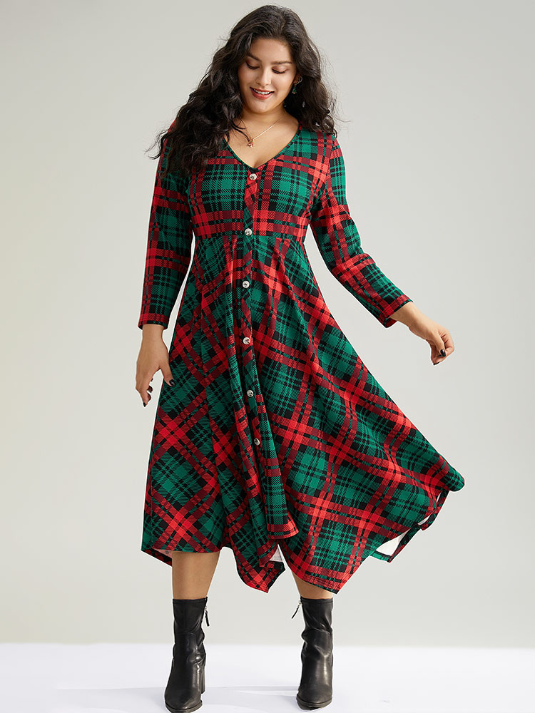 

Plus Size Christmas Plaid Button Detail Hanky Hem Dress DarkGreen Women Casual Printed V-neck Long Sleeve Curvy Midi Dress BloomChic