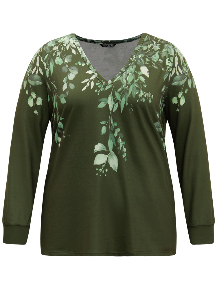 

Plus Size Plants Print V Neck Elastic Cuffs Sweatshirt Women Mint Elegant Printed V-neck Dailywear Sweatshirts BloomChic
