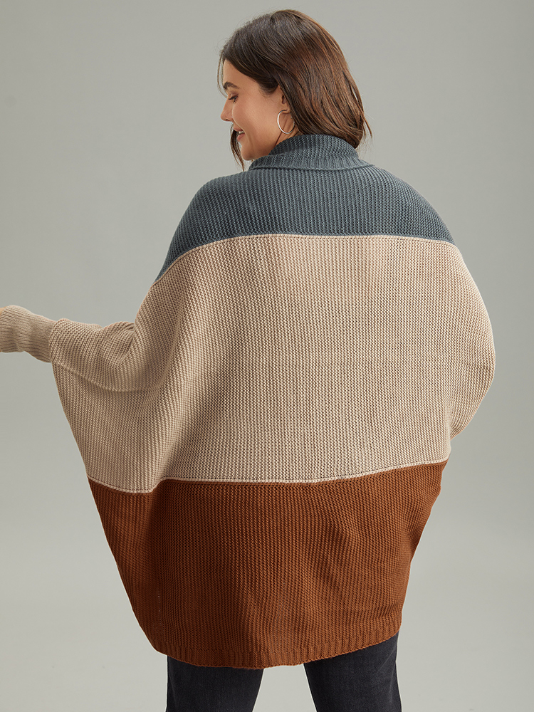 Plus Size Colorblock Batwing Sleeve Patchwork Cardigan DarkBrown Women Casual Loose Long Sleeve Everyday Cardigans BloomChic 12/L 