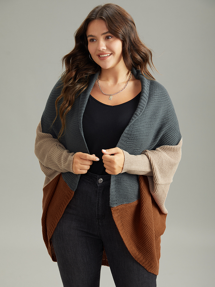 Plus Size Colorblock Batwing Sleeve Patchwork Cardigan DarkBrown Women Casual Loose Long Sleeve Everyday Cardigans BloomChic 12/L 