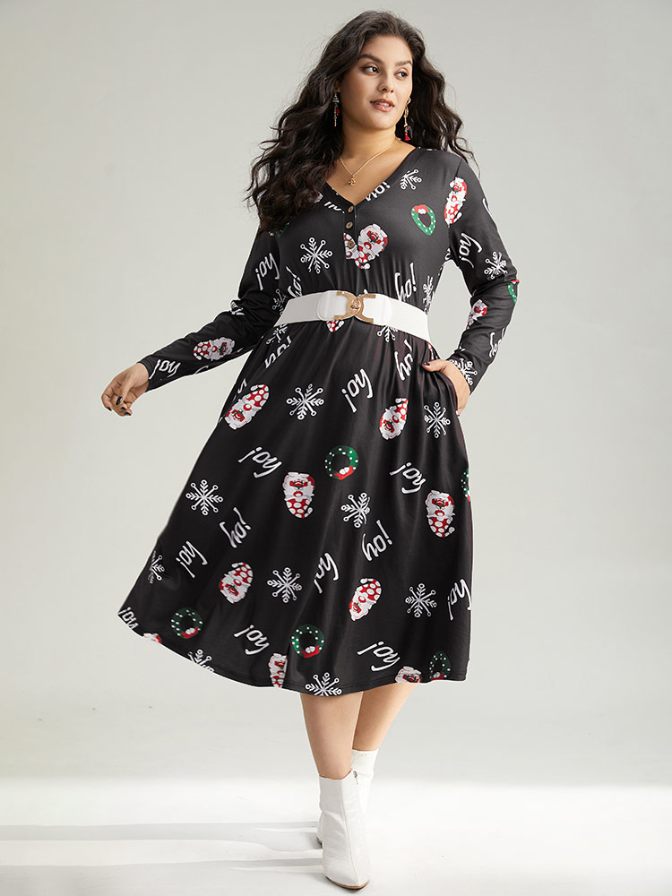 

Plus Size Christmas Graphic Button Detail Dress Black Women Elegant Gathered V-neck Long Sleeve Curvy Midi Dress BloomChic