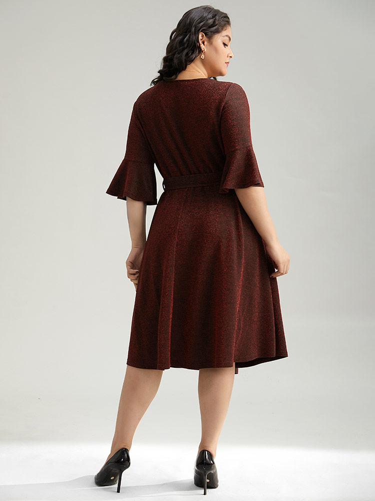 

Plus Size Lurex Belted Flutter Sleeve Dress Raspberry Women Elegant Plain Round Neck Elbow-length sleeve Curvy Midi Dress BloomChic