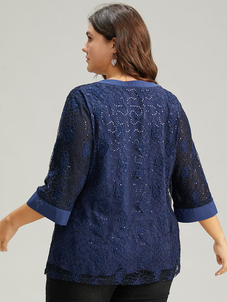 

Plus Size Indigo Sequin Guipure Lace Button Detail Blouse Women Glamour Elbow-length sleeve V-neck Going out Blouses BloomChic