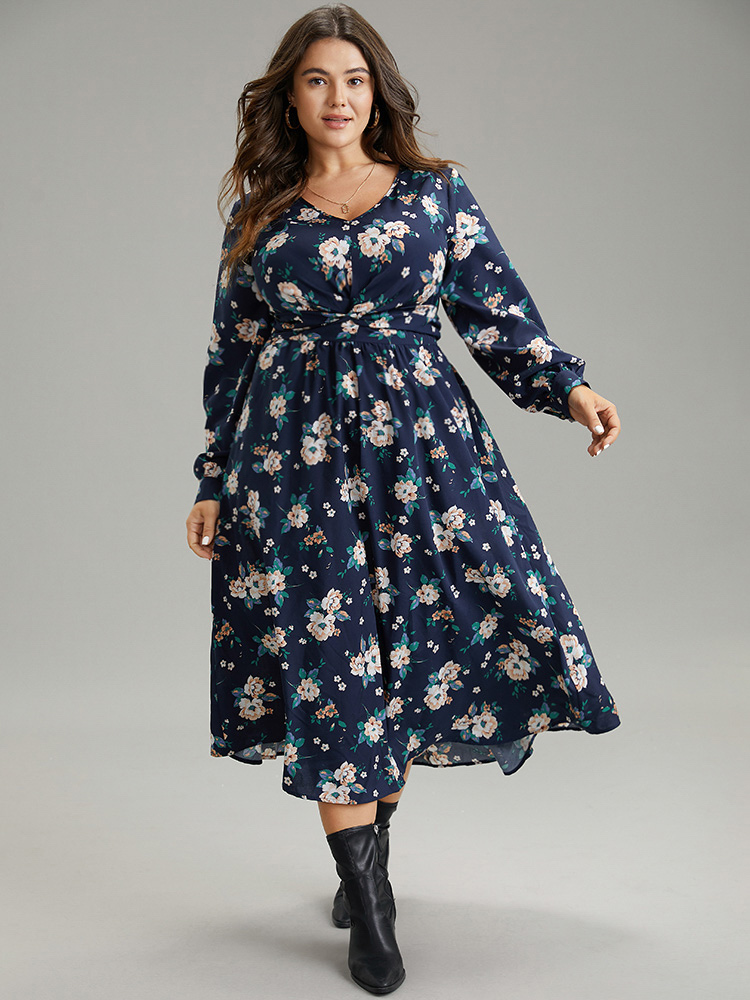 

Plus Size Floral Print Twist Front Pocket Midi Dress DarkBlue Women Elegant Printed V-neck Long Sleeve Curvy Midi Dress BloomChic