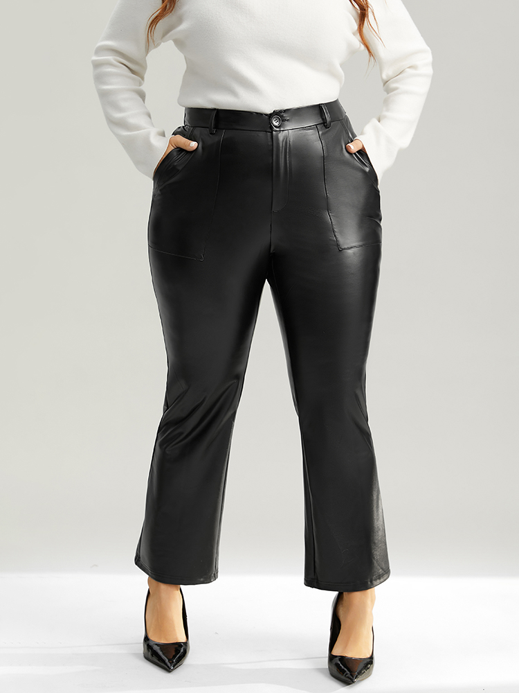 

Plus Size Plain PU Leather Pocket Bootcut Pants Women Black Party Flare Leg High Rise Going out Pants BloomChic