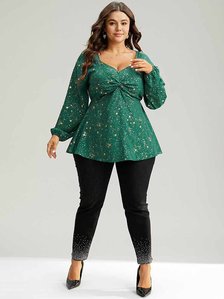 

Plus Size DarkGreen Star Glitter Square Neck Twist Front Blouse Women Glamour Long Sleeve Square Neck Festival-Christmas Blouses BloomChic