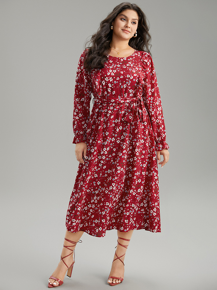 

Plus Size Ditsy Floral Belted Ruffle Sleeve Dress Scarlet Women Elegant Belted Round Neck Long Sleeve Curvy Midi Dress BloomChic