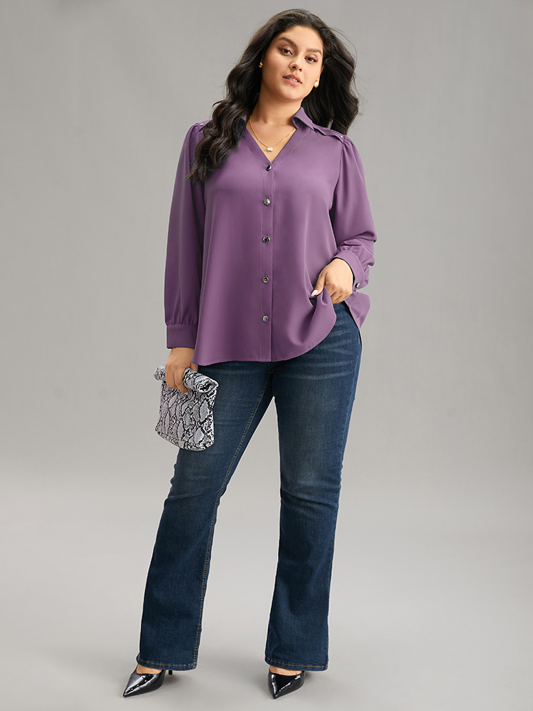 

Plus Size Mauve Static-Free Solid Metal Detail Gathered Blouse Women Office Long Sleeve V-neck Work Blouses BloomChic