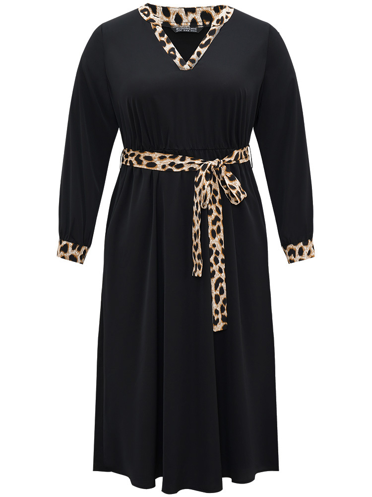 

Plus Size Leopard Patchwork Pocket Belted Notched Dress Black Women Office Patchwork Notched collar Long Sleeve Curvy Midi Dress BloomChic