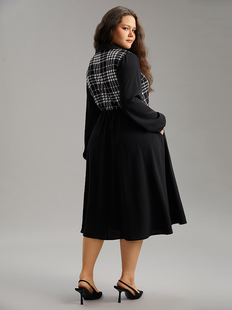 Plus Size Women Work Plaid Patchwork Lantern Sleeve Long Sleeve Lapel Collar Pocket Office Dresses BloomChic 