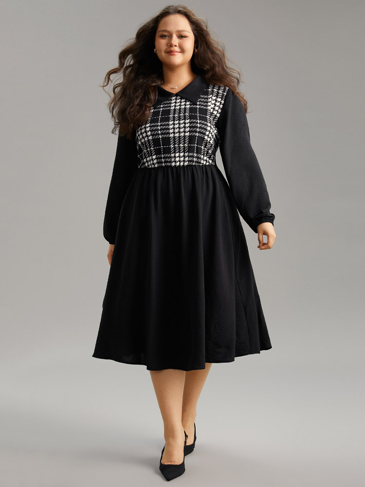 Plus Size Women Work Plaid Patchwork Lantern Sleeve Long Sleeve Lapel Collar Pocket Office Dresses BloomChic 