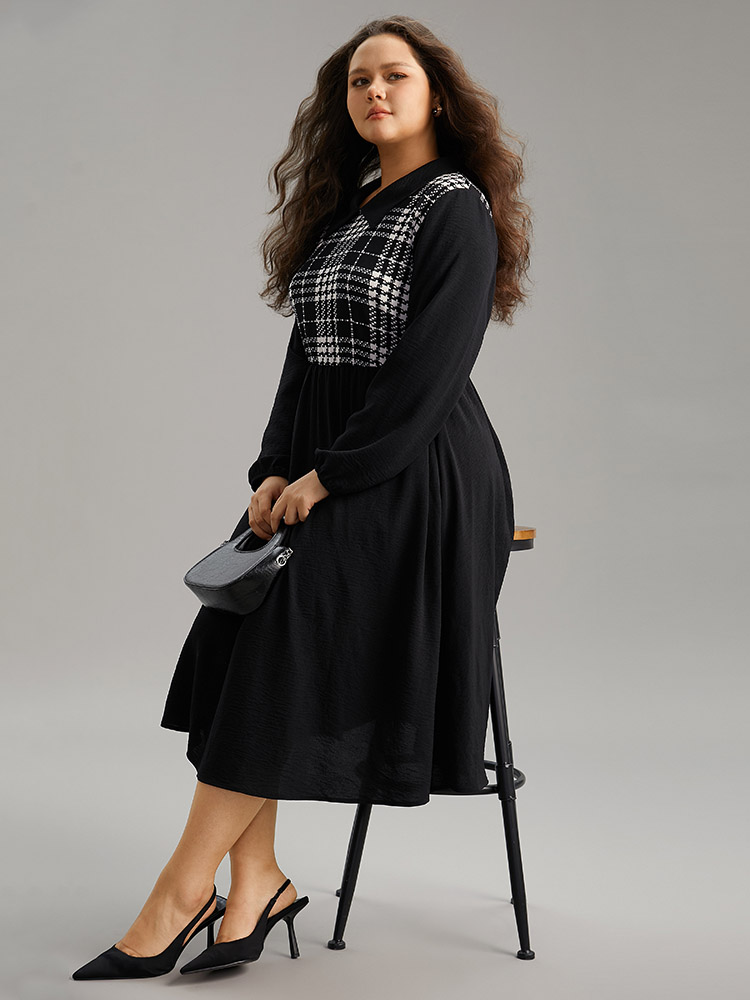 Plus Size Women Work Plaid Patchwork Lantern Sleeve Long Sleeve Lapel Collar Pocket Office Dresses BloomChic 