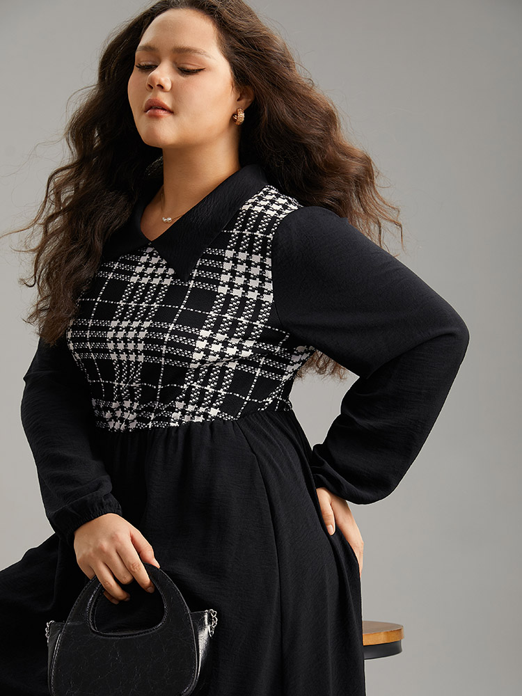 Plus Size Women Work Plaid Patchwork Lantern Sleeve Long Sleeve Lapel Collar Pocket Office Dresses BloomChic 