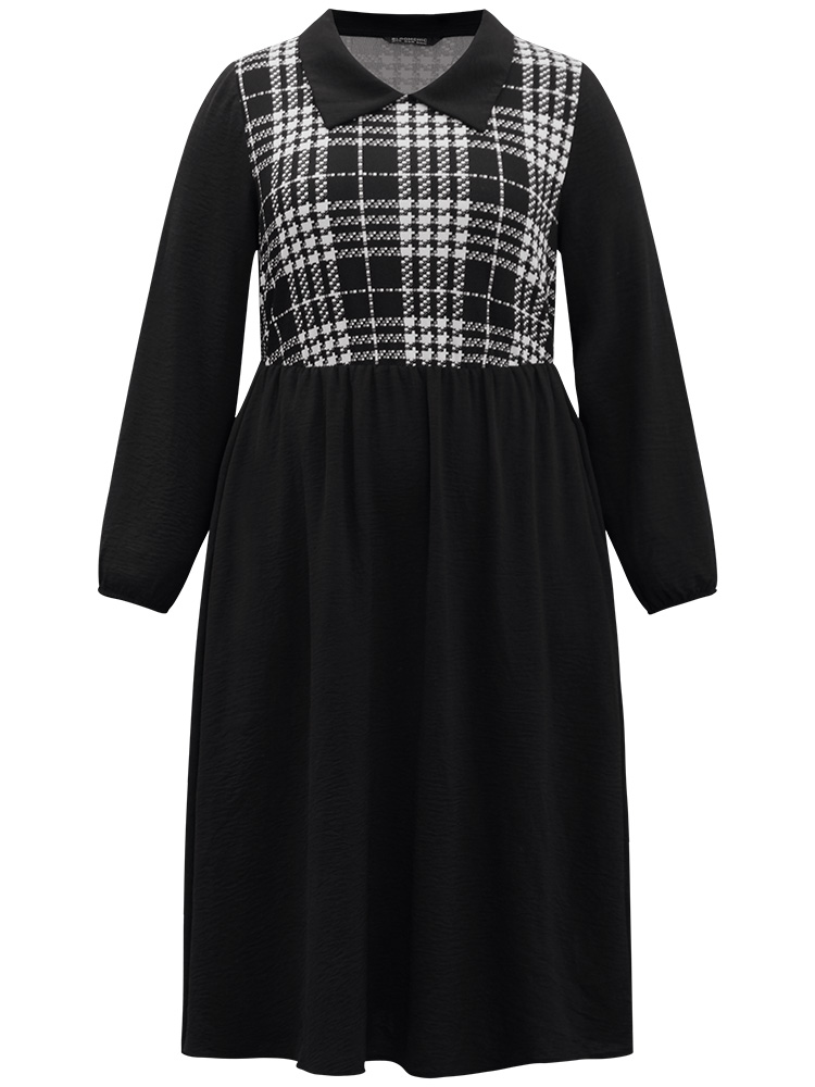 Plus Size Women Work Plaid Patchwork Lantern Sleeve Long Sleeve Lapel Collar Pocket Office Dresses BloomChic 