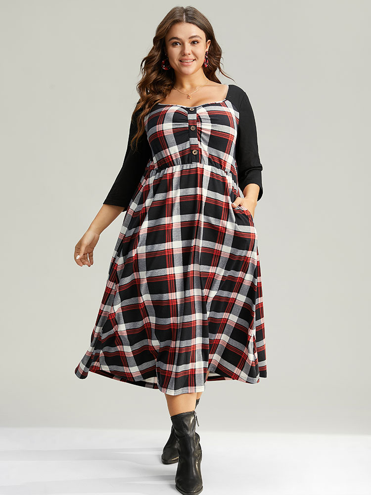 

Plus Size Christmas Plaid Patchwork Pleated Square Neck Dress Red Women Office Printed Square Neck Elbow-length sleeve Curvy Midi Dress BloomChic