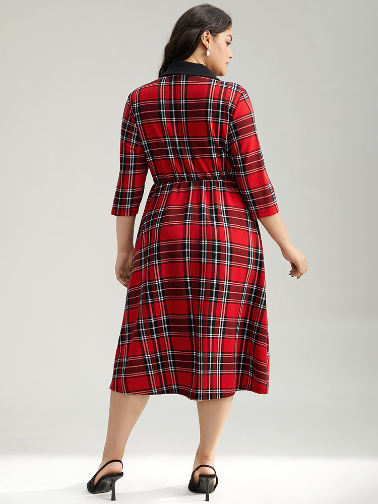 

Plus Size Christmas Plaid Suit Collar Elastic Waist Dress Red Women Office Printed Suit Collar Elbow-length sleeve Curvy Midi Dress BloomChic