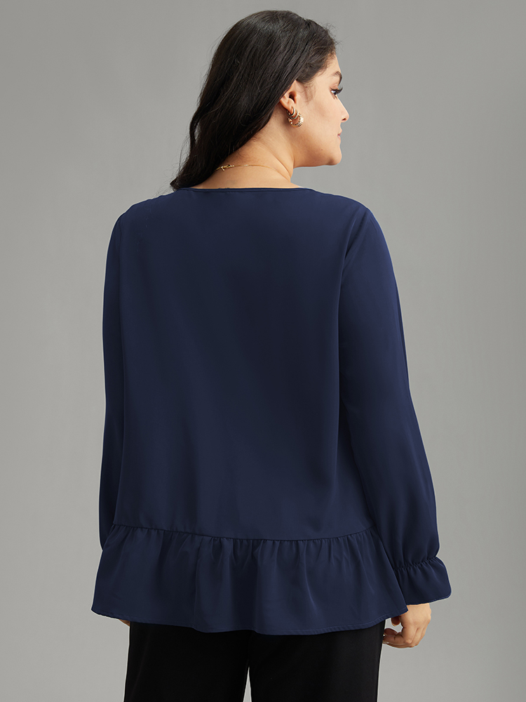 

Plus Size Indigo Static-Free Plain Pleated Ruffles Lantern Sleeve Blouse Women Office Long Sleeve Round Neck Work Blouses BloomChic