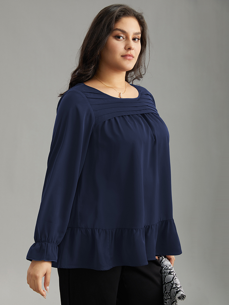 Plus Size Indigo Static-Free Plain Pleated Ruffles Lantern Sleeve Blouse Women Office Long Sleeve Round Neck Work Blouses BloomChic 14-16/1X 