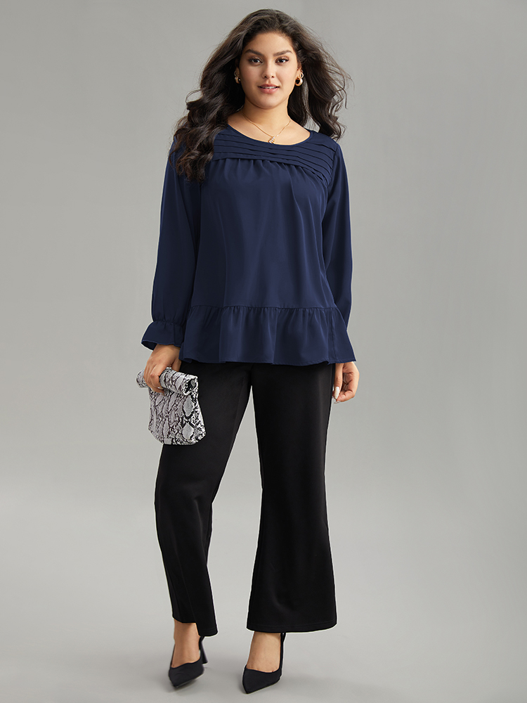 Plus Size Indigo Static-Free Plain Pleated Ruffles Lantern Sleeve Blouse Women Office Long Sleeve Round Neck Work Blouses BloomChic 14-16/1X 