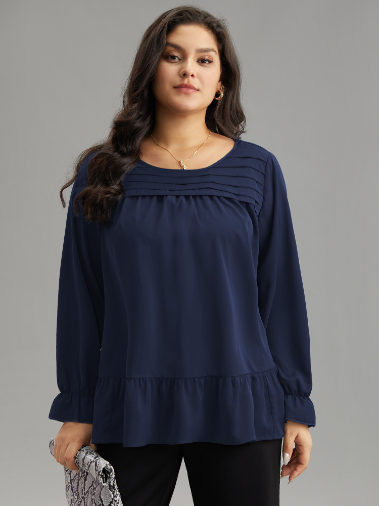 Plus Size Indigo Static-Free Plain Pleated Ruffles Lantern Sleeve Blouse Women Office Long Sleeve Round Neck Work Blouses BloomChic 14-16/1X 