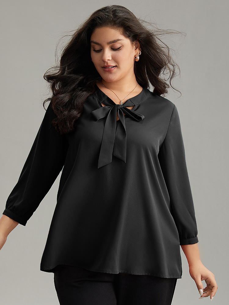 

Plus Size Black Static-Free Plain Bowknot Gathered Blouse Women Office Elbow-length sleeve Tie Neck Going out Blouses BloomChic