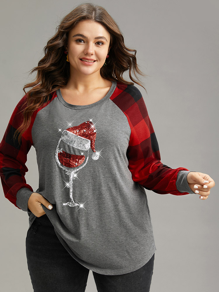 

Plus Size Christmas Sequin Plaid Patchwork T-shirt Gray Women Casual Sequin Christmas Round Neck Festival-Christmas T-shirts BloomChic