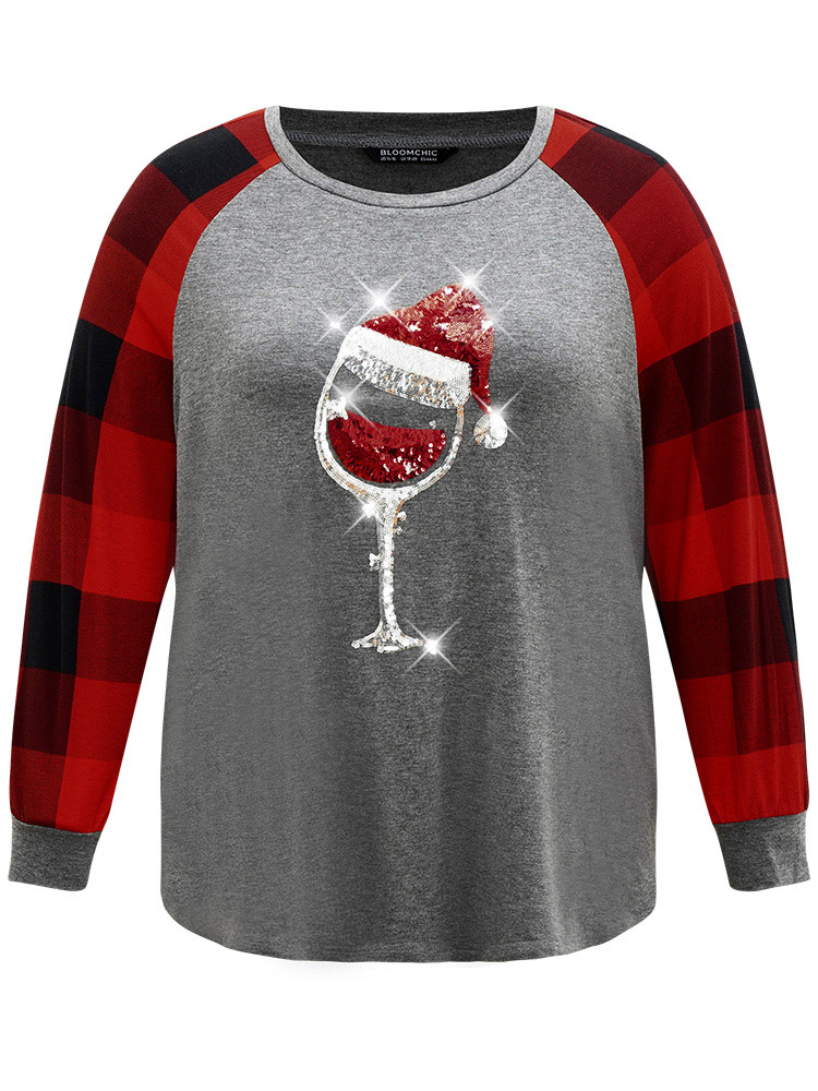 Plus Size Christmas Sequin Plaid Patchwork T-shirt Gray Women Casual Sequin Christmas Festival-Christmas T-shirts BloomChic 18-20/2X 