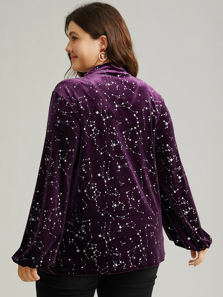 

Plus Size Glitter Star Knot Neck T-shirt Purple V-neck Long Sleeve Elegant Jersey Tops