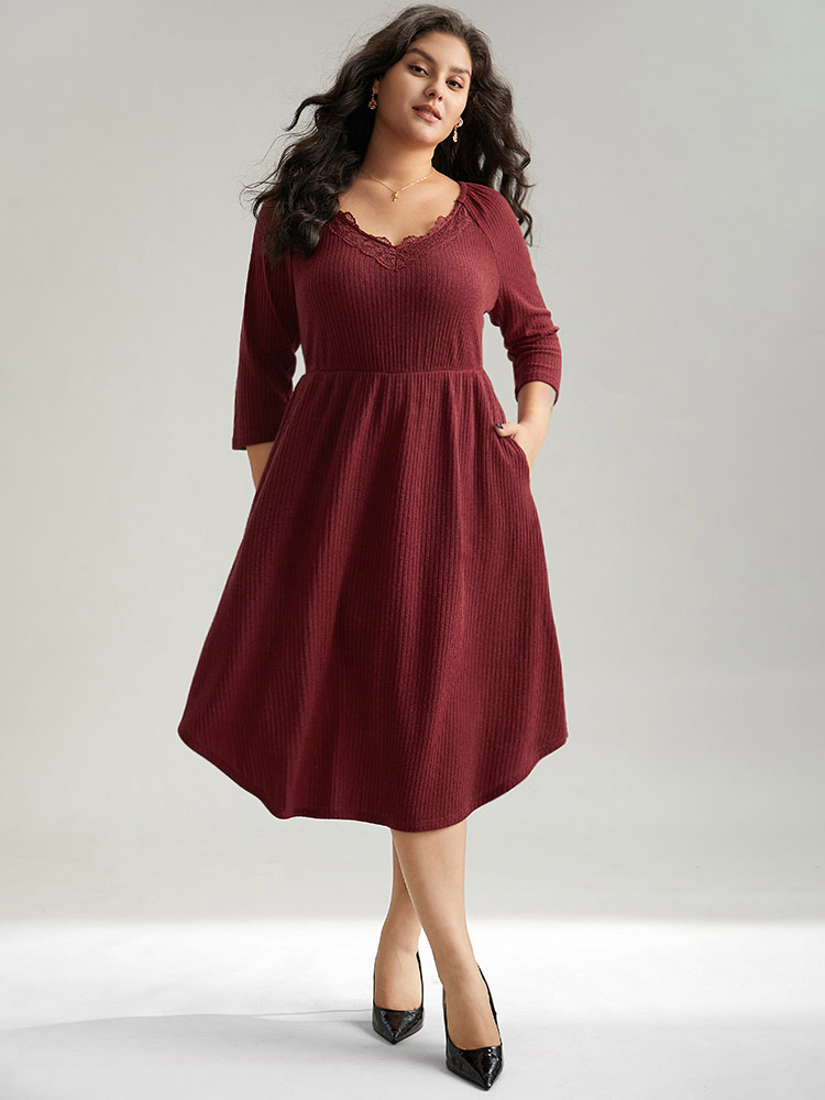 

Plus Size Solid Rib Knit Lace Insert Dress Burgundy Women Elegant Rib Knit V-neck Long Sleeve Curvy Midi Dress BloomChic