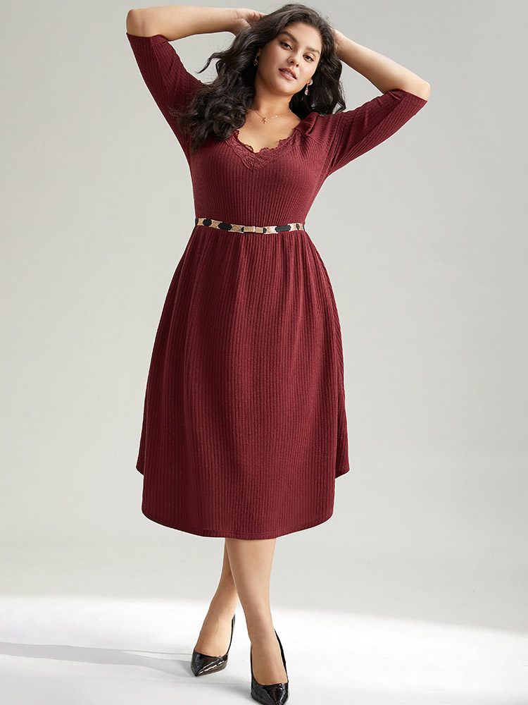 

Plus Size Solid Rib Knit Lace Insert Dress Burgundy Women Elegant Rib Knit V-neck Long Sleeve Curvy Midi Dress BloomChic