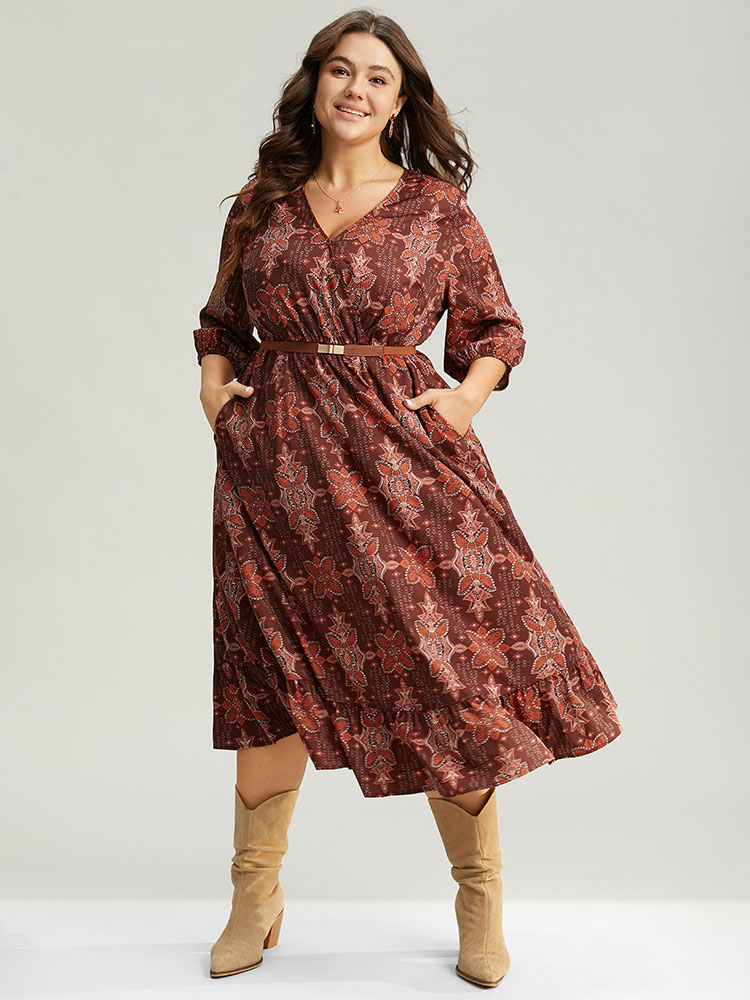 Plus Size Women Work Graphic-Christmas Wrap Lantern Sleeve Elbow-length sleeve Overlap Collar Pocket Office Dresses BloomChic 