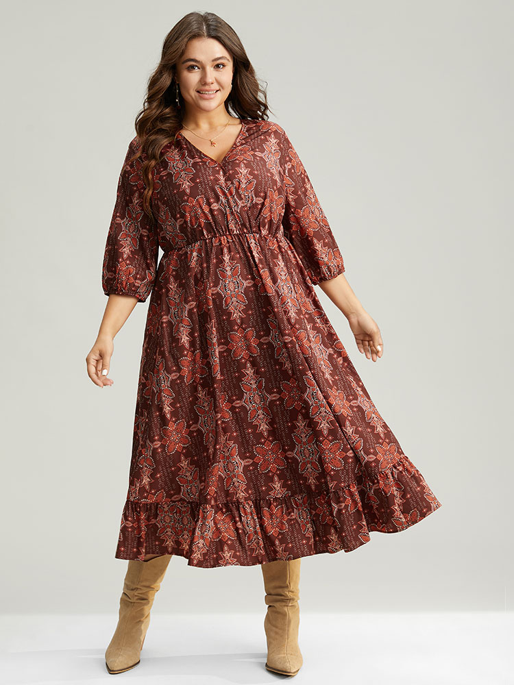 Plus Size Women Work Graphic-Christmas Wrap Lantern Sleeve Elbow-length sleeve Overlap Collar Pocket Office Dresses BloomChic 