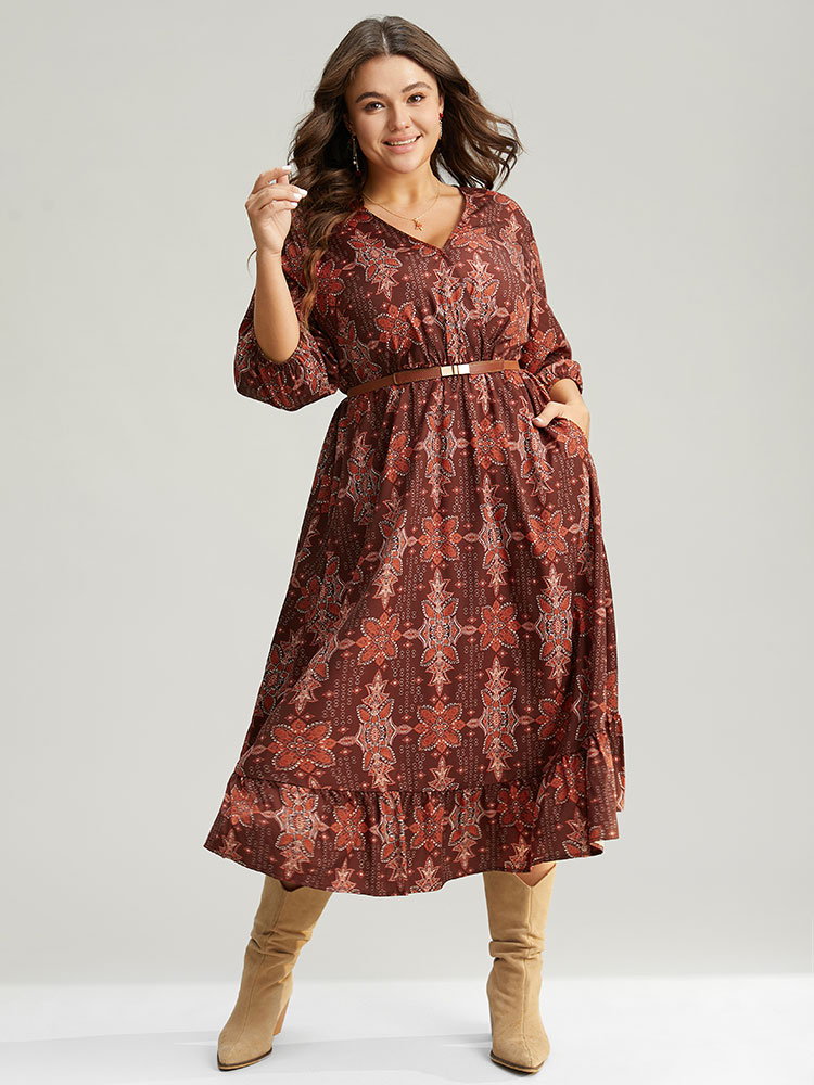 Plus Size Women Work Graphic-Christmas Wrap Lantern Sleeve Elbow-length sleeve Overlap Collar Pocket Office Dresses BloomChic 