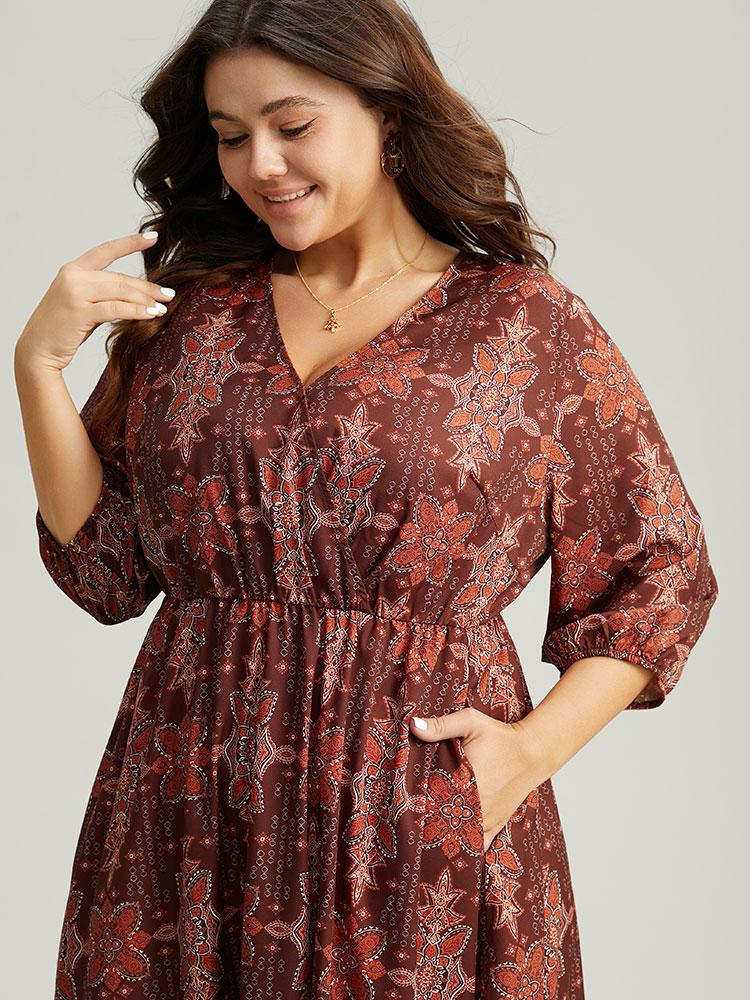 Plus Size Women Work Graphic-Christmas Wrap Lantern Sleeve Elbow-length sleeve Overlap Collar Pocket Office Dresses BloomChic 