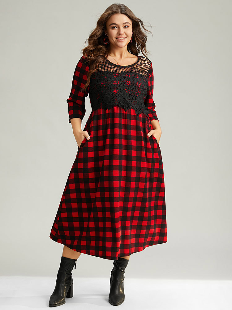 

Plus Size Christmas Plaid Crochet Lace Mesh Cut Out Dress Raspberry Women Office See through Round Neck Elbow-length sleeve Curvy Midi Dress BloomChic